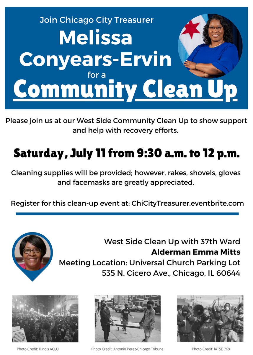 ChiTreasurer's tweet photo. Join us Saturday to help us #CleanUpChicago and and continue to show support to communities across the city! We'll be meeting at 535 N. Cicero Ave. at 9:30am!
Register at: https://t.co/NeNIwMWxYK! https://t.co/RufbsOBrIk