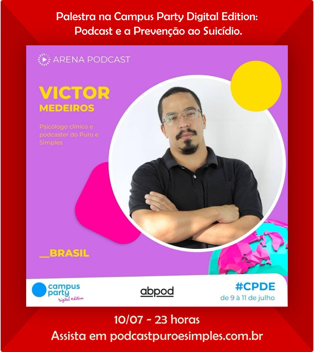 purosimplescast's tweet photo. Nosso querido host @VictorM_Podcast estará palestrando amanhã na @CampusPartyBRA no Arena Podcast, #arenapodcast #campusparty2020
Amanhã, as 23 horas
Você pode assistir no canal da @abpodcasters e estaremos colocando o link no nosso site Também.
Venha prestigiar conosco! https://t.co/Q57JiCkeQi