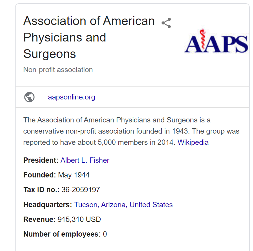 When people quote organisations at you, always check who they areAn anti-masker tried to tell me to listen to the advice of the "Association of American Physicians & Surgeons"Turns out they are a small but powerful RW lobbying group of dubious pedigree https://www.theatlantic.com/health/archive/2020/02/aaps-make-health-care-great-again/607015/