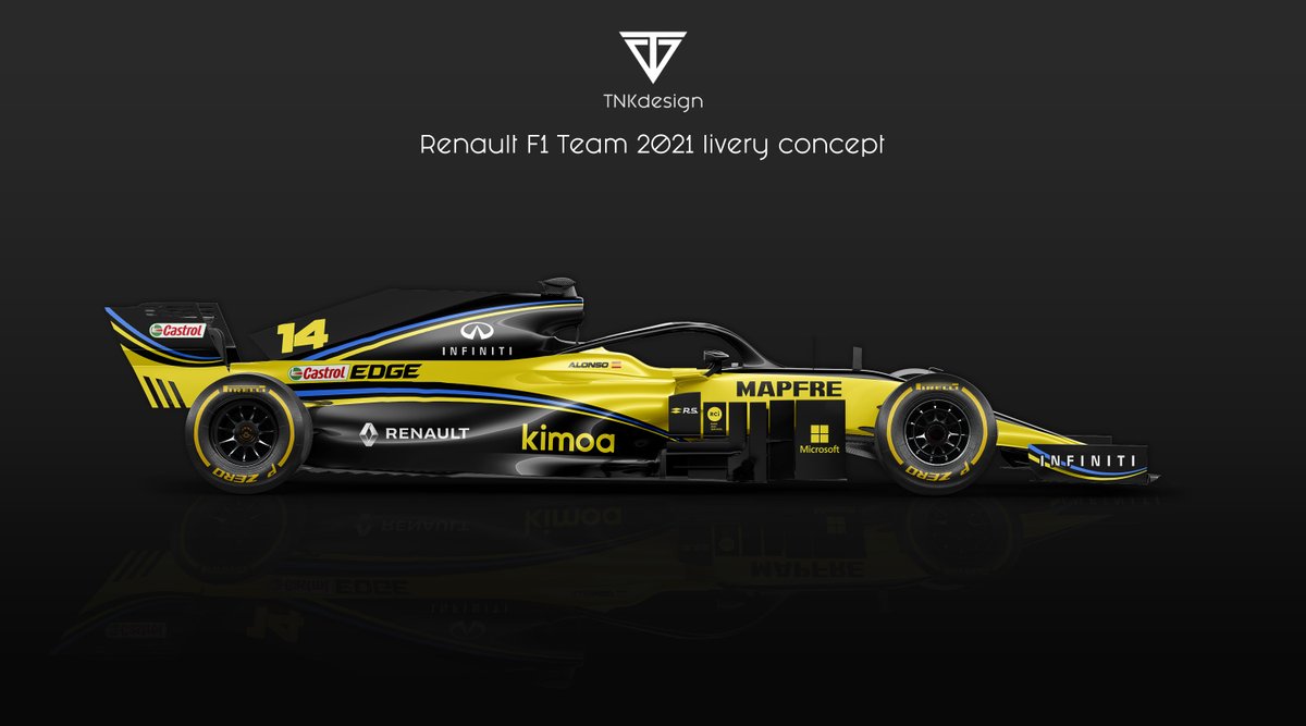 TNKdesign's tweet photo. Concepto para el equipo Renault F1, al que volverá a pilotar Fernando Alonso en 2021. 🏁⚫️🟡🔵

#F1 #Formula1 #Renault #Alonso #Design #Diseño https://t.co/pCm7Qauh97
