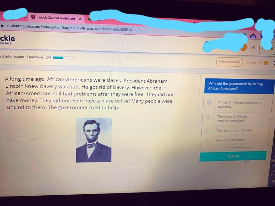 techamys's tweet photo. Someone just shared these images on FB. They are images of a child’s homework in April. Absolutely disgusting. @learnfreckle, your response? https://t.co/IKdZXAyzPv