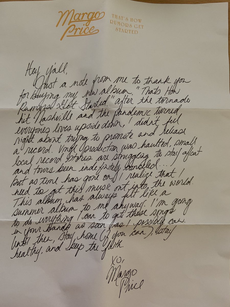 BernardZuel's tweet photo. If the delivery of your @MissMargoPrice record - which is out today - is delayed, a handwritten (albeit mass printed) note from her eases disappointment. #thatshowrumorsgetstarted #readmyreview  https://t.co/L27MxG8evY https://t.co/8fFxWCr9it