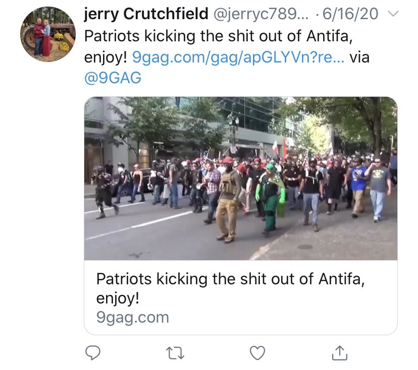 Jerry Crutchfield also posts videos of proud boys and other fascists engaged in street violence.