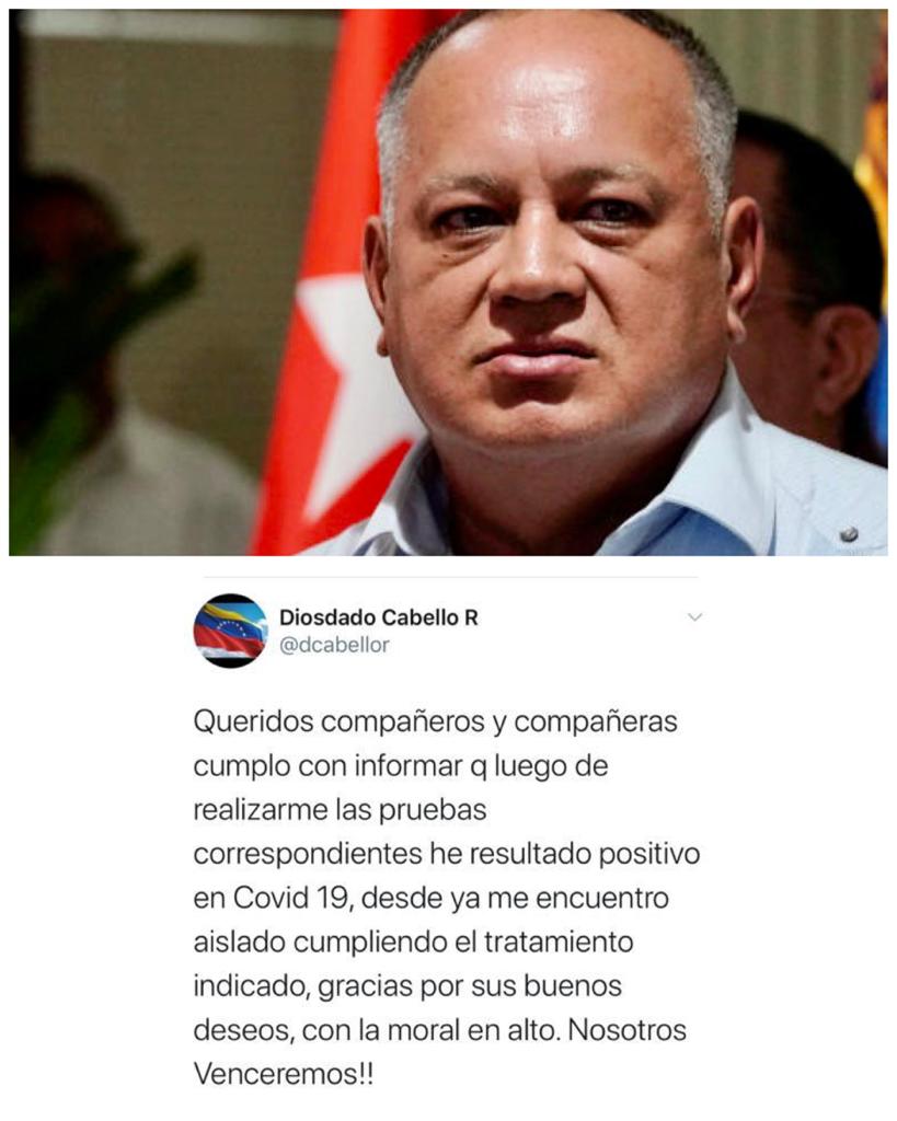 EVTVMiami's tweet photo. #ÚltimaHora Diosdado si tiene Covid-19. Las sospechas resultaron ser muy ciertas, el propio Diosdado Cabello anuncio a través de su cuenta de Twitter que tiene el Sars-Cov2. Señaló que tras realizarse las pruebas dio positivo y se encuentra aislado #9Jul #EvtvContigo https://t.co/QXk800IV6N