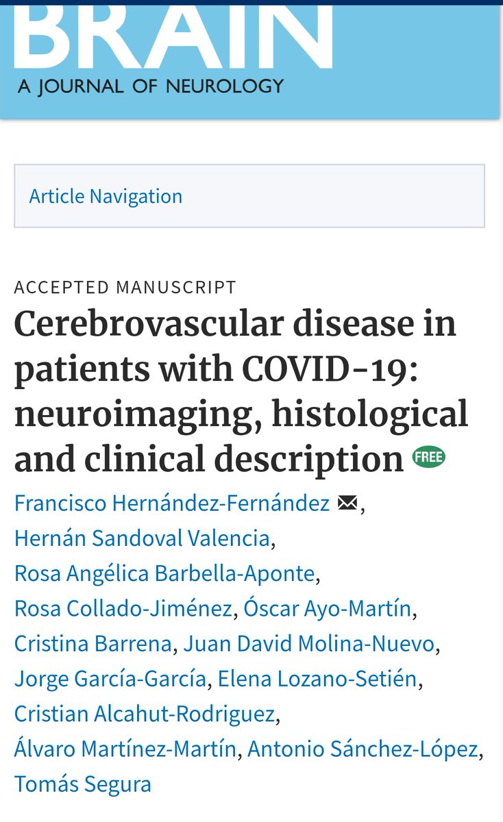 tseguram's tweet photo. Ya en Brain: una descripción clínica, histológica y de neuroimagen de nuestra experiencia cerebrovascular durante la epidemia COVID-19. Gran trabajo cooperativo de Neurología, Neurocirugía, Radiología, Anatomía Patológica y Anestesia. Well done, Paco!! @albacetesanidad https://t.co/yzoughtbGB