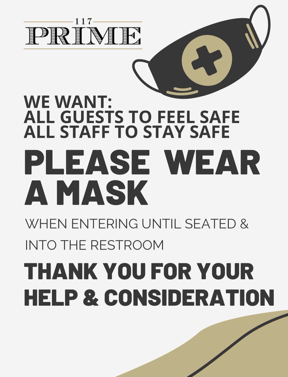 117PrimeMem's tweet image. In cooperation with the Shelby County Health Department, please wear a mask when entering the restaurant until seated &amp;amp; into the restroom. Thank you for your help. We appreciate your support during this time. #maskupMemphis