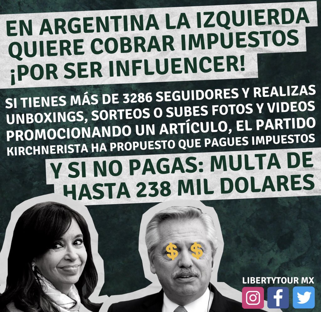 EdsonAndradeL's tweet photo. En Argentina el Frente para la Victoria (Partido Kirchnerista) propuso en el Senado una Ley para que ¡PAGUES IMPUESTOS POR SER INFLUENCER!
¡No le den ideas a ya saben quien por favor! https://t.co/rA5Qizlz5Z