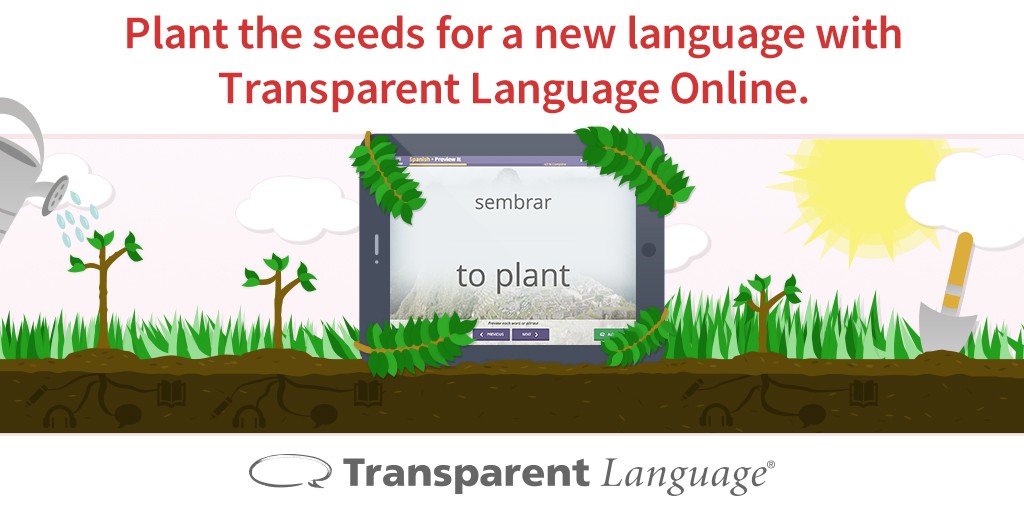 a graphic illustration of a garden and a sunny sky, with a tablet surrounded by leaves