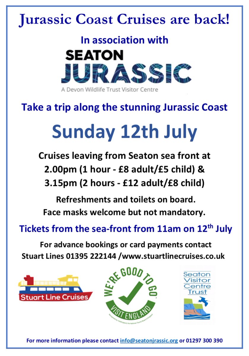 Exciting news, there are 2 cruises along the Jurassic Coast from Seaton beach on this Sunday 12th July ! Full information on this poster. For any further information please contact the number shown at the base of the poster #jurassic #Seaton #SVCT