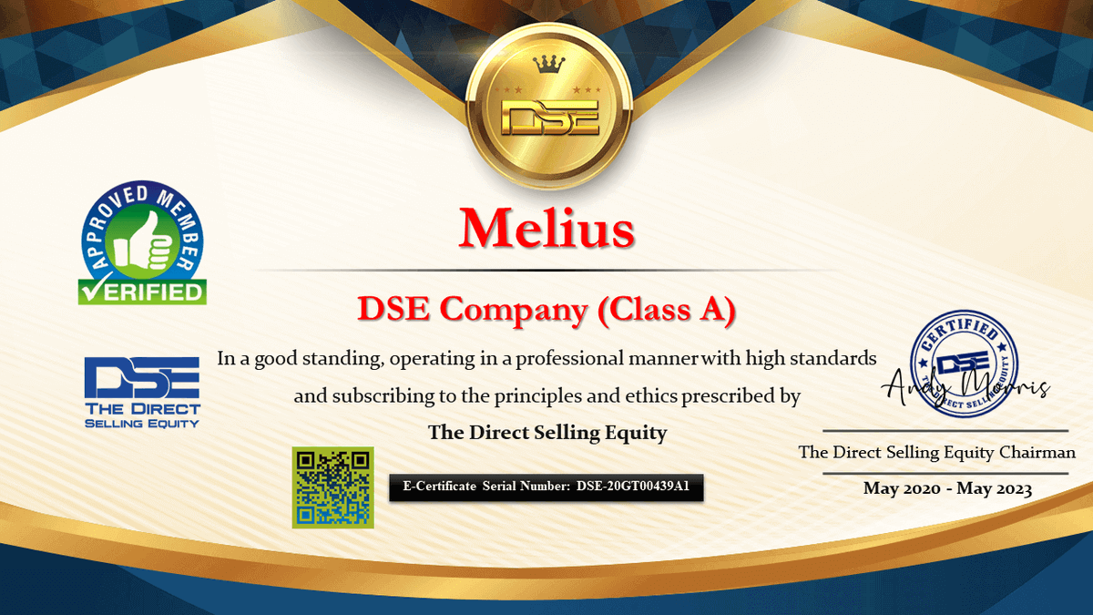 DSellingequity's tweet photo. Melius is Listed now on the DirectSellingEquity Directory at https://t.co/3rgGhGXOHc
Certificate valid for 3 Years 👍
Congratulations
@Melius @ThinkMelius
.
.
.
#Melius #MeliusTravel #MeliusWorld #Affiliates #Distributors #Entrepreneurs #DSE #DirectSellingEquity https://t.co/unGJ5BqPQ2