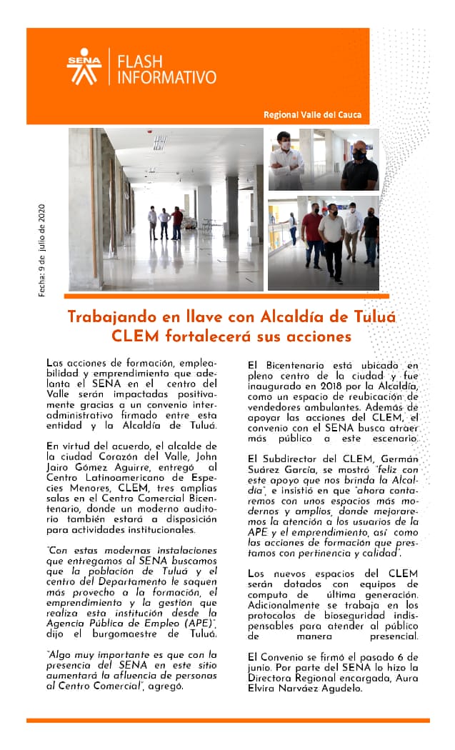 GermansSuarez's tweet photo. El @SENA_RValle CLEM de #Tuluá y la @AlcaldiaDeTulua realizan convenio que fortalecerá los procesos de formación, empleabilidad y emprendimiento de la comunidad Tulueña y de los 16 municipios de la zona de influencia. ¡Cuando creemos, CREAMOS! https://t.co/Oci6g76Hnl