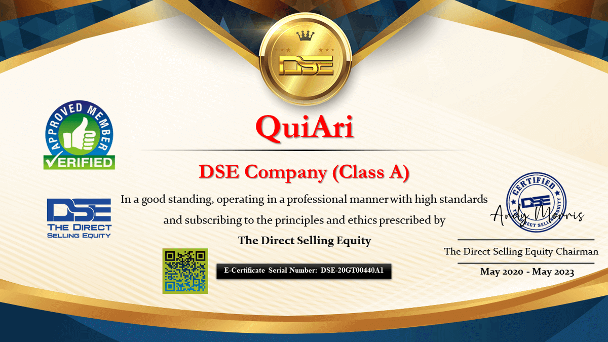 DSellingequity's tweet photo. QuiAri is Listed now on the DirectSellingEquity Directory at https://t.co/MSfTBBYfd5
Certificate valid for 3 Years 👍
Congratulations
@QuiAri @QuiAriOfficial @QuiAri_20 @QuiariR
.
.
.
#QuiAri #QuiAriWorld #Affiliates #Distributors #Entrepreneurs #DSE #DirectSellingEquity https://t.co/W8IEwdnmJZ