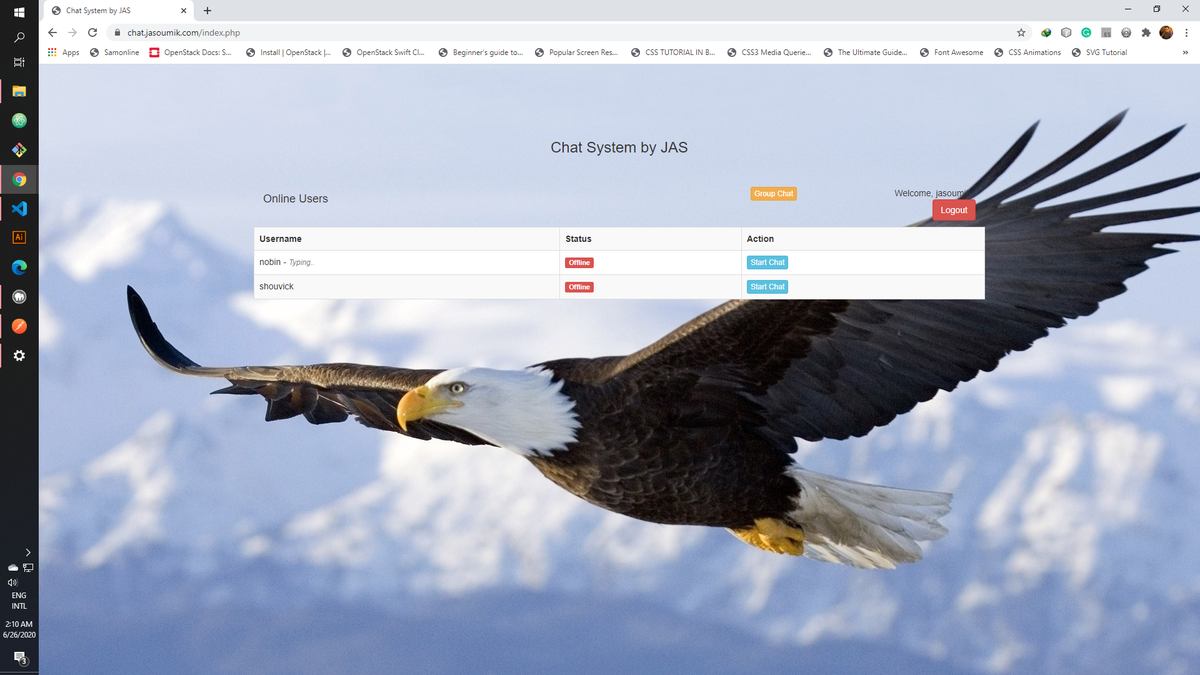 jasoumik's tweet photo. A Simple Chat System with PHP-MYSQL-AJAX-JQUERY
Project Completion Date: 26th June 2020

Site Link: https://t.co/1xGcp36ZZc

#php #pdo #ajax #mysql #jQuery https://t.co/RxnuDAw7Z7