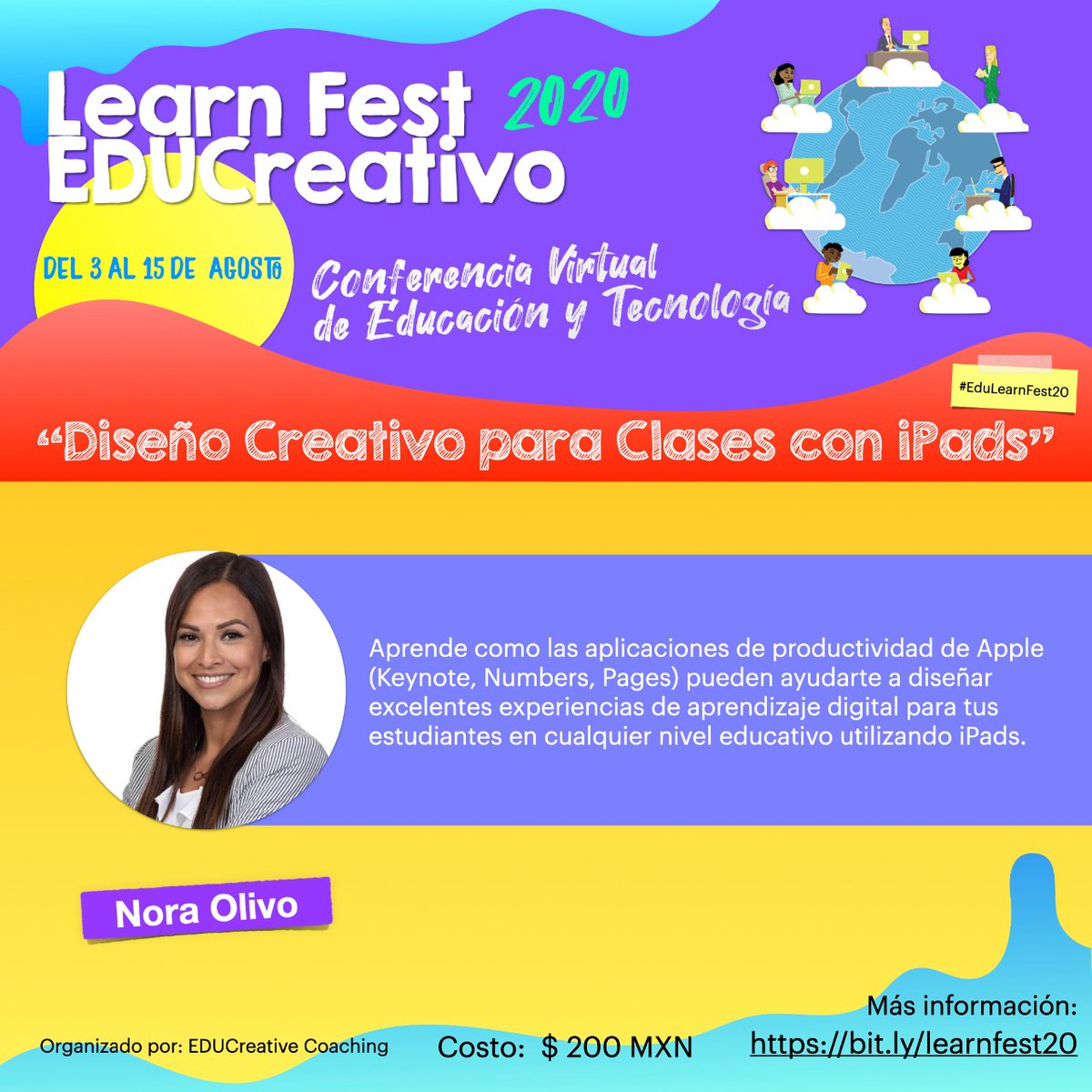 Ella es Nora Olivo, coach y maestra de tecnología. Trabaja con alumnos de preescolar y primaria.

Del 3 al 15 de agosto.
 Costo de $200 MXN por todo el evento (menos de 10 USD!)
Inscríbete en bit.ly/learnfest20
¡No te lo pierdas!

#EduLearnFest20 #distancelearning