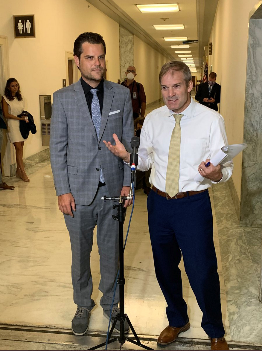 Matt Gaetz looks like a stunt double for an extra in the movie Swingers, and Jim Jordan looks like an assistant wrestling coach who covered up a major sex abuse scandal