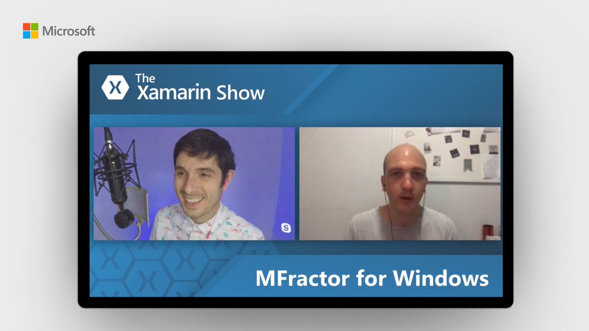 Tablet displaying text that reads "The Xamarin Show" above two images of content speakers and text that reads "MFractor for Windows"
