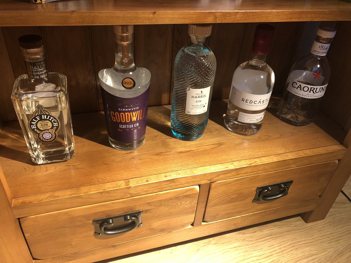 BenjaminHitch's tweet image. When our May wedding was postponed, friends bought us some gin - @halfhitchgin and @CaorunnGin. Now we’re drinking our way round Scotland with @GoodWillGin, @RedcastleGin and @harrisdistiller... which to open first?