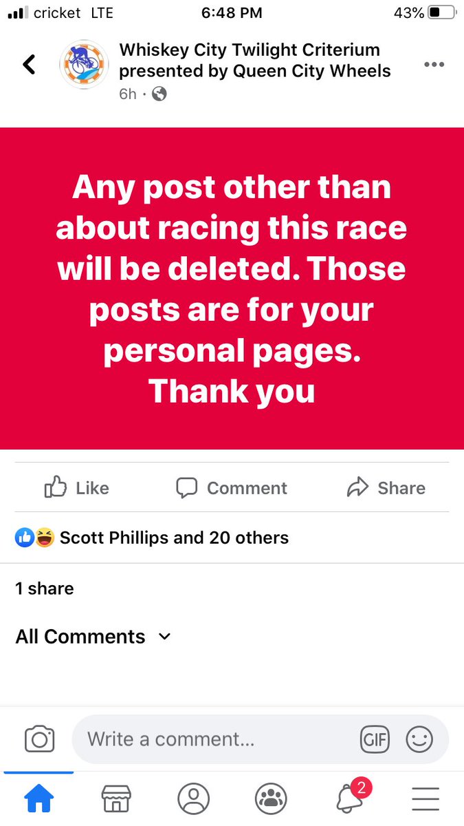 dubminion's tweet image. The simple fact that the organizers of this local event next week have to shut down commenting on their Facebook page because they cannot handle the criticism of them holding a criterium in the midst of a pandemic says, well, everything. 

Holding this event is irresponsible.