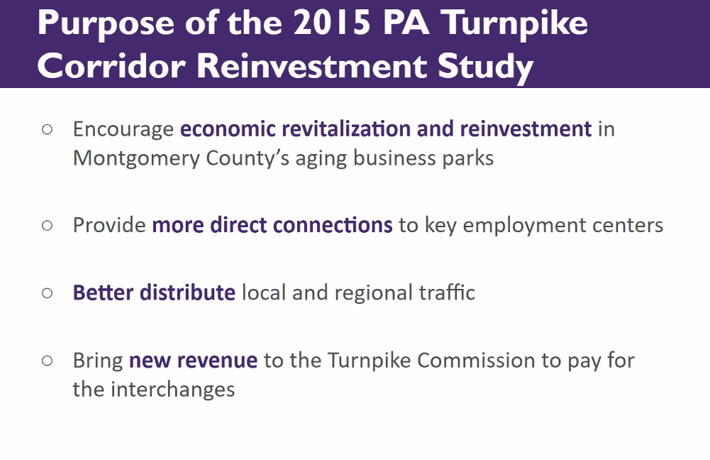 Presentation by  @MontCoPlanning on new Turnpike interchanges. Mission is explicitly to attract offices away from better-accessed places (incl transit-oriented) to highway-adjacent business parks