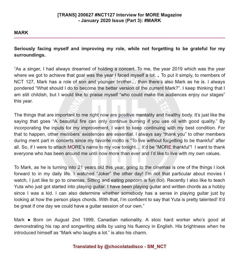 All in all, Mark Lee is such a loving and humble person. He has many talents and is extremely successful but he always stays true to himself and his own beliefs and I admire that a lot about him.