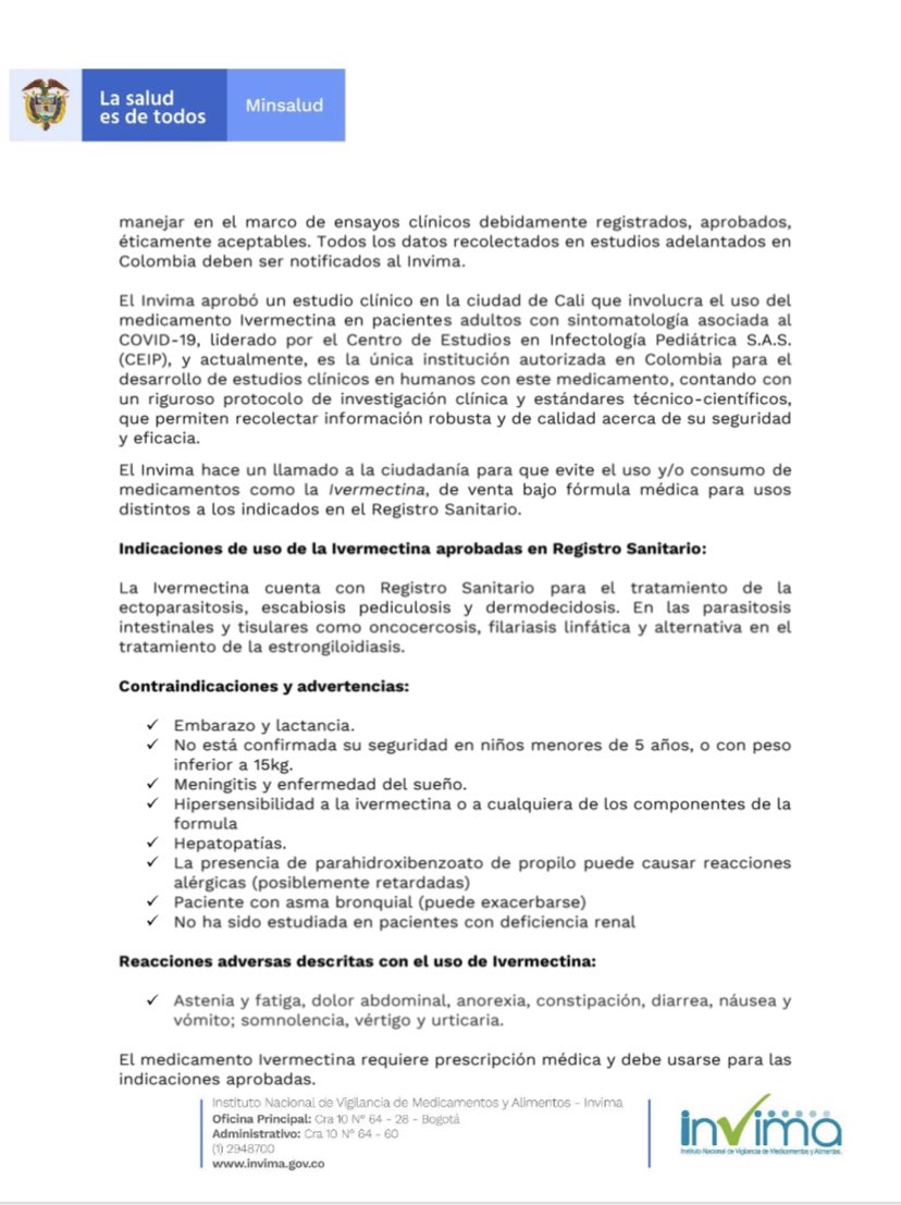 invimacolombia's tweet photo. #InvimaConColombia | El Instituto informa que, a la fecha no existe evidencia científica que demuestre la eficacia y seguridad del uso de antiparasitarios como la Ivermectina para prevención o tratamiento de la infección por SARS-COV-2. https://t.co/tTh1hoLWKL