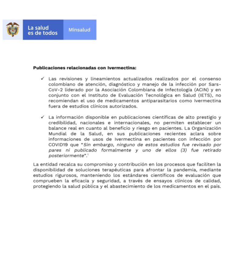 invimacolombia's tweet photo. #InvimaConColombia | El Instituto informa que, a la fecha no existe evidencia científica que demuestre la eficacia y seguridad del uso de antiparasitarios como la Ivermectina para prevención o tratamiento de la infección por SARS-COV-2. https://t.co/tTh1hoLWKL