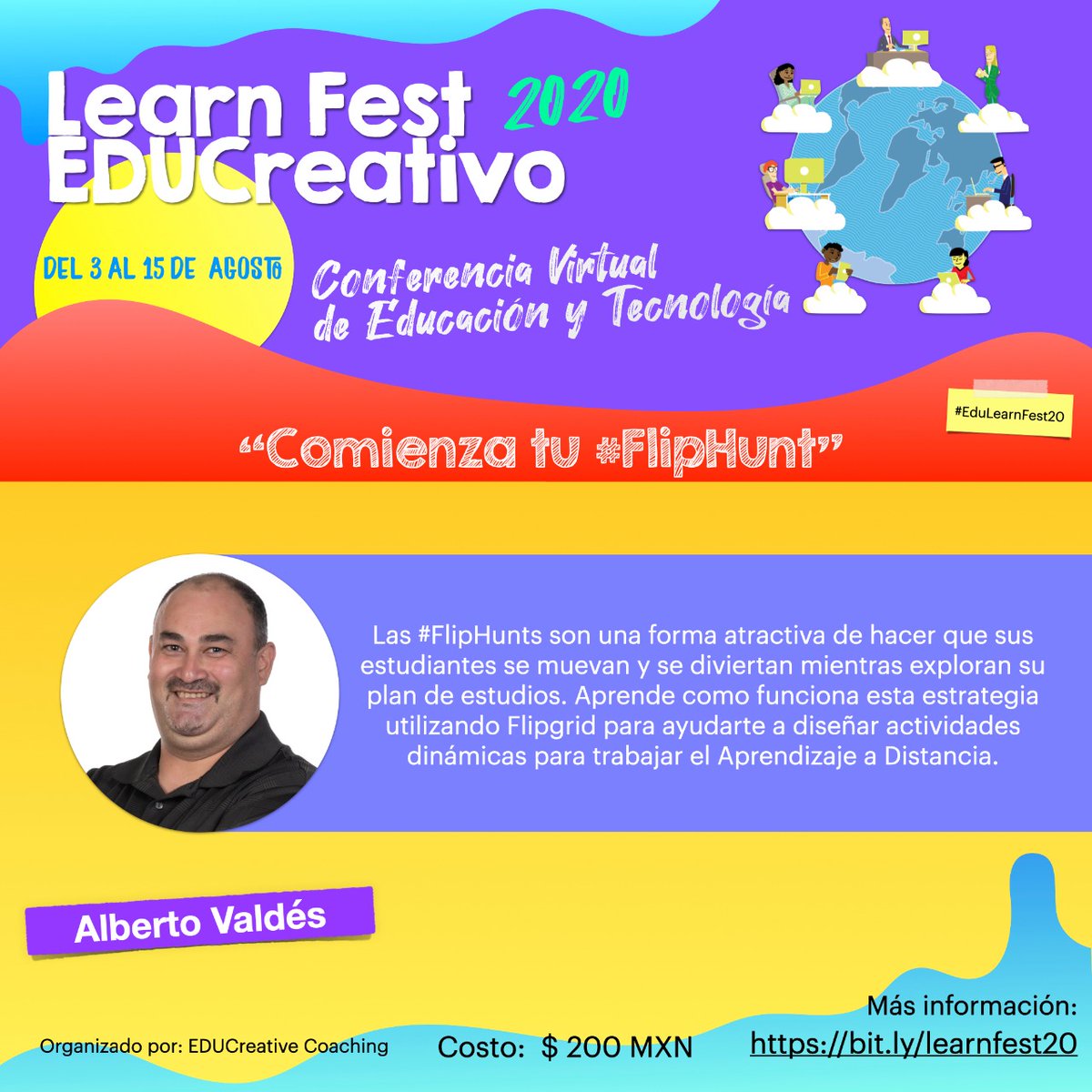 El es Alberto Valdes, coach de tecnología y educación. Conoce sobre Flipgrid como herramienta educativa.

Del 3 al 15 de agosto.
 El costo $200 MXN por todo el evento (menos de 10 USD!) 
Inscríbete en bit.ly/learnfest20

¡Te esperamos!
#EduLearnFest20 #distancelearning