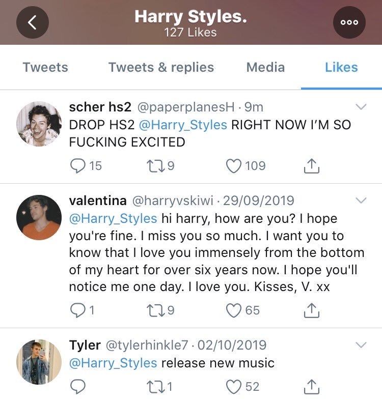 3. harry likes a couple of tweets from fans about hs2 and follows a few of them