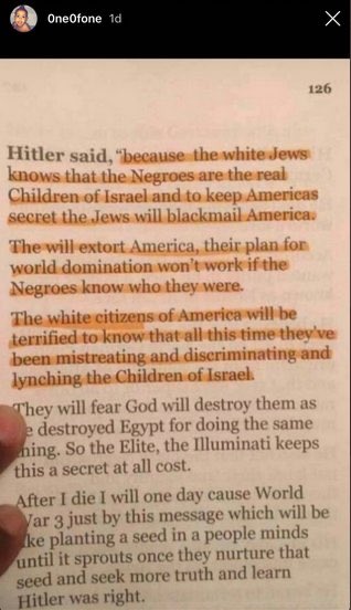 desean jackson, an athlete in the nfl, posted this photo on his story earlier this week. he was even defended by others in his clear message that hitler was right? please, i’m begging, do not use the the blm movement to fall back on antisemetic behavior.