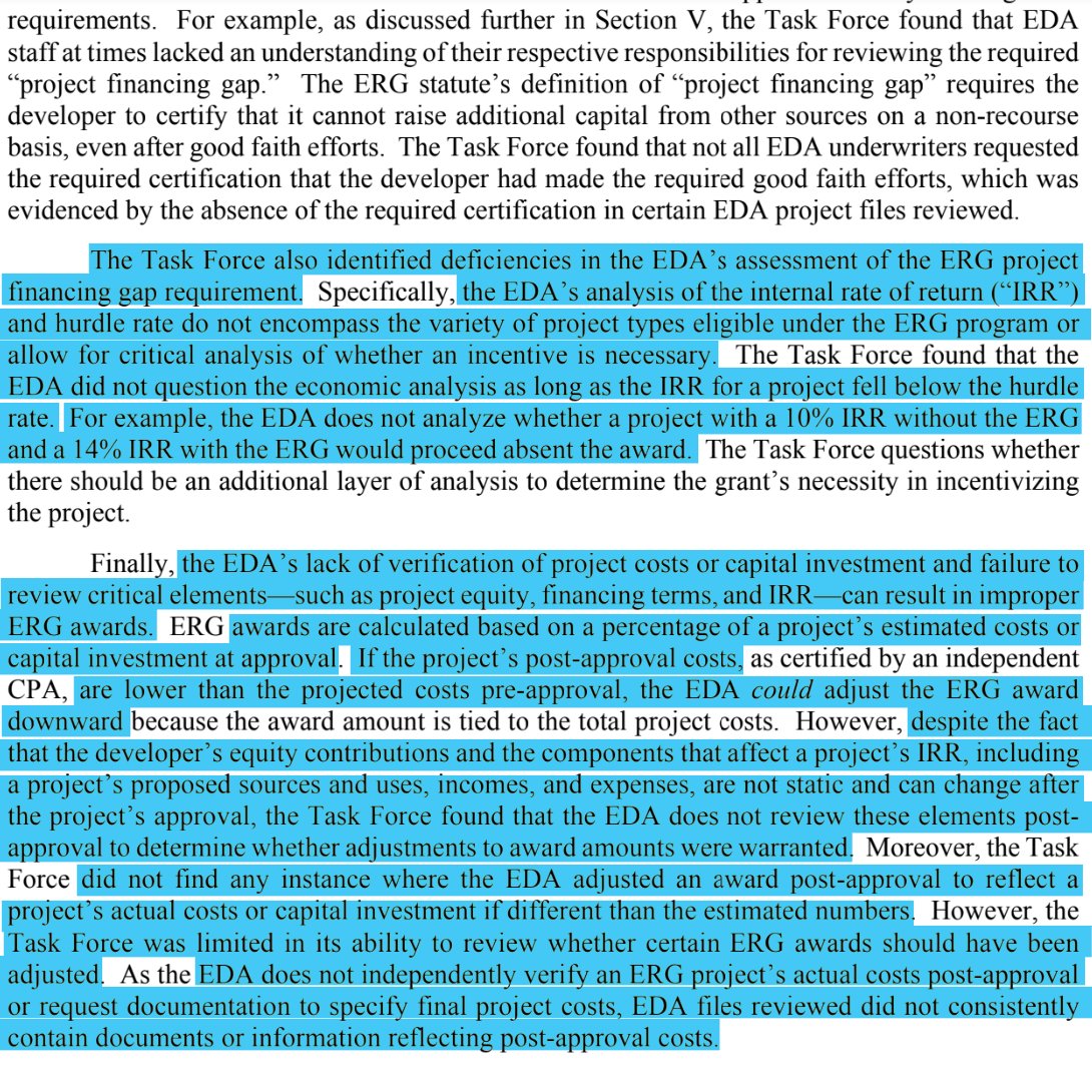 The law allowed for checks and reductions in awards based on actual, not estimated, costs, or changes in financing, but EDA did not review or adjust awards. Earlier report cited EDA staff were encouraged and incentivized to give out as many credits as possible, not to reduce.