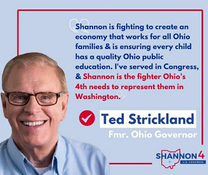 ShannonFreshour's tweet photo. I am so proud to have the endorsement of Fmr Governorof Ohio @Ted_Strickland.  

Thank you Governor https://t.co/7lk1nELBqx