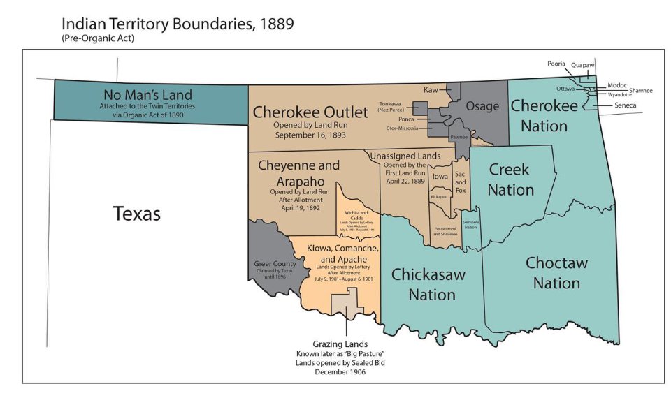 Eventually, a man named Standing Bear tipped a line of dominoes that resulted in the more specific and defined apportionment of land in this territory.And gosh, wouldn't you know it, some lands just ended up "Unassigned." So mostly-white people flooded into them and spread out.