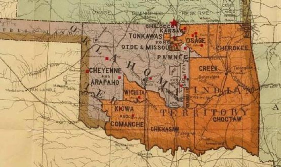 In time, the flood became Oklahoma Territory (left), jigsawed neighbor to the remainder of Indian Territory (right).There were plans for each territory to become a state, but they didn't pan out, and in 1907 they fused into Oklahoma.(Our very first state law was segregation.)