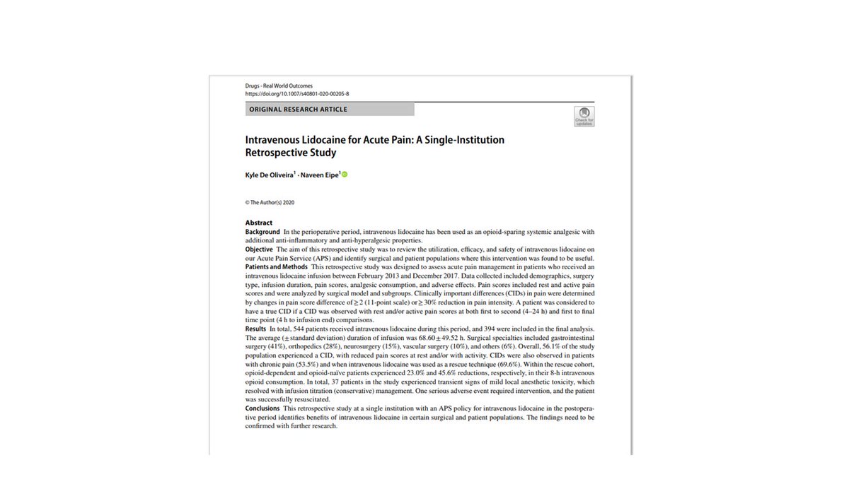 Finally!
@DeOKLeo 

De Oliveira, K., Eipe, N. 
Intravenous Lidocaine for Acute Pain: A Single-Institution Retrospective Study. 
Drugs - Real World Outcomes (2020). doi.org/10.1007/s40801…

#IVLido #AcutePain #TenYearsAfter