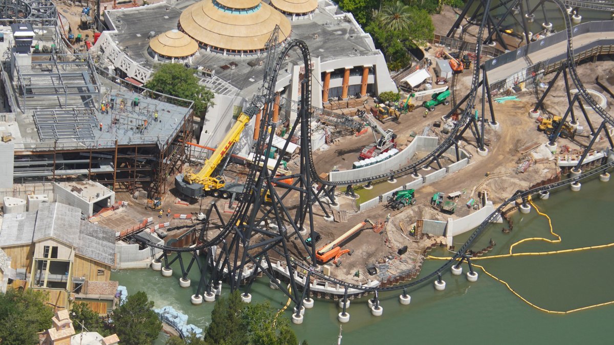 bioreconstruct's tweet photo. Aerial view of the Top Hat element of the unannounced Jurassic Park roller coaster.  Highest track. It seems to immediately descend into the lowest track. https://t.co/9TqT6oOsQf