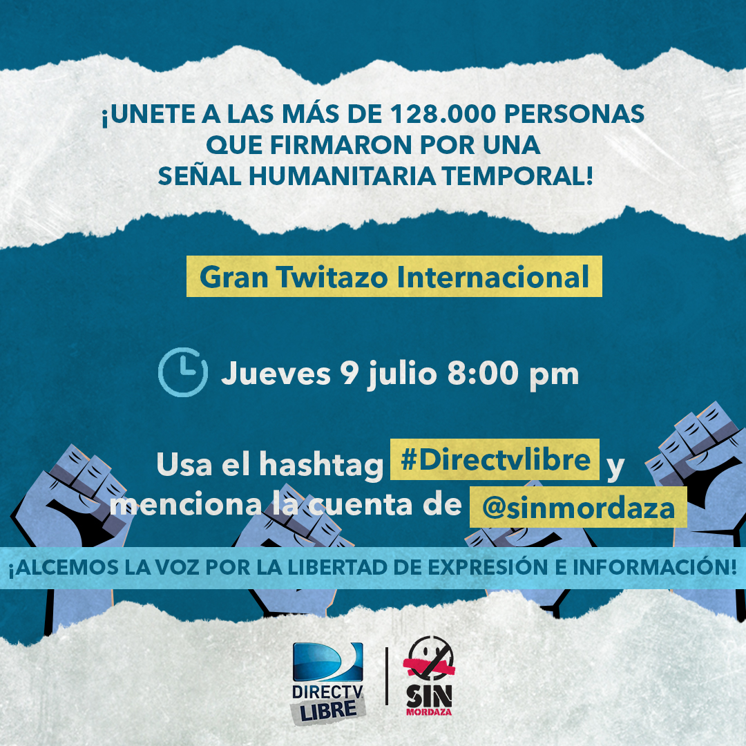Sinmordaza's tweet photo. ¡Ya enviamos a los directivos de AT&amp;T las más de 128.000 firmas para la petición de una señal humanitaria temporal de Directv para Venezuela! Así que acompáñanos HOY en el Gran “Tuitazo Mundial” a las 8:00 p.m. (hora de Venezuela) https://t.co/nvfNG7C1Ny