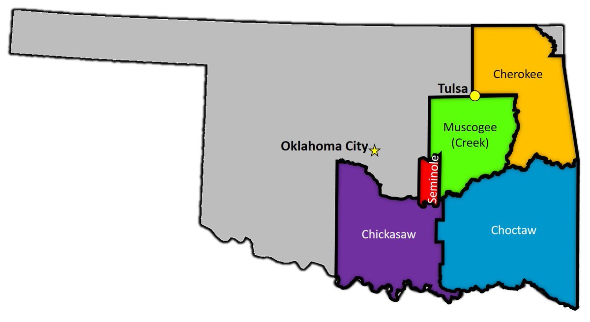 Now.As of yesterday, the majority of old Indian Territory was a collection of "nations" within Oklahoma. Both part and not part of the state.The Supreme Court ruled that, due to certain oversights in the past, the Muscogee/Creek Nation still had territorial rights...