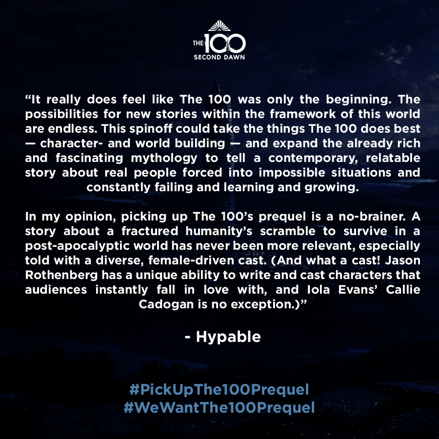 100Prequel's tweet photo. #PickUpThe100Prequel #WeWantThe100Prequel #SecondDawn 

@TheCW @warnerbrostv @hbomax @TheCW_PR @netflix @warnerbros https://t.co/A7dY0x85LG