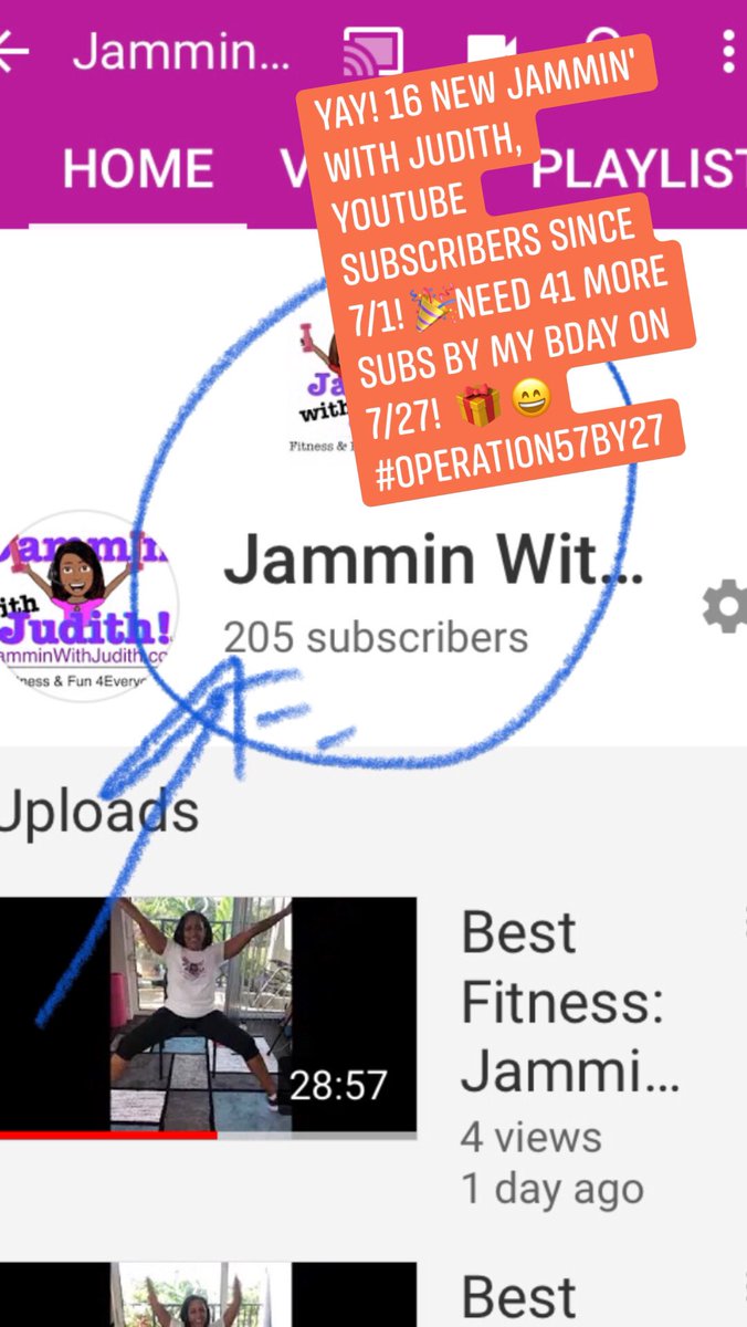 JKendall53's tweet photo. Yay! 16 new Subscribers to my Jammin’ with Judith YouTube Channel since 7/1! Need 46 more by my BDay on 7/27 for #operation57by27 to be a success🎁😊 And please check out my exercise videos and fun recipes, too! 🏋🏽‍♀️💪🏽🎶💃🏿😊 https://t.co/o4ZjbcAENj