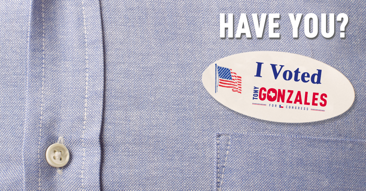 TonyGonzales4TX's tweet photo. RT if your vote has been counted for Tony! Spread the word & let your network know you’re proud to be on #TeamTony! Let’s finish strong & send Pres. Trump a proven conservative congressman he can count on #TX23 #TonyForCongress Find your voting location: https://t.co/DR5L7naC1B https://t.co/hWKxv8V7eZ