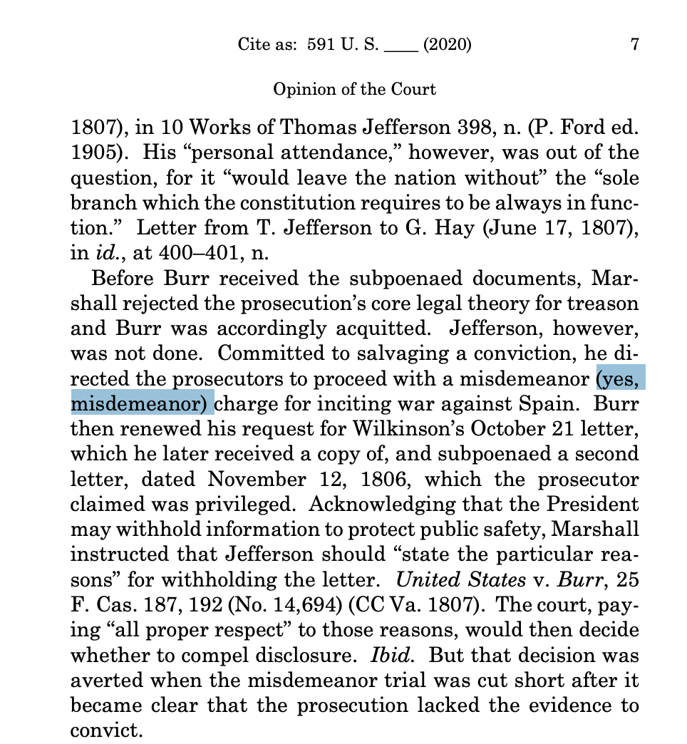 And now, in Supreme Court commentary you didn't think you needed (and don't need), here is an utterly pedantic response to the Chief Justices's highlighted parenthetical in Trump v. Vance today. "Yes, misdemeanor," but also not really. Let me say more. https://www.supremecourt.gov/opinions/19pdf/19-635_o7jq.pdf