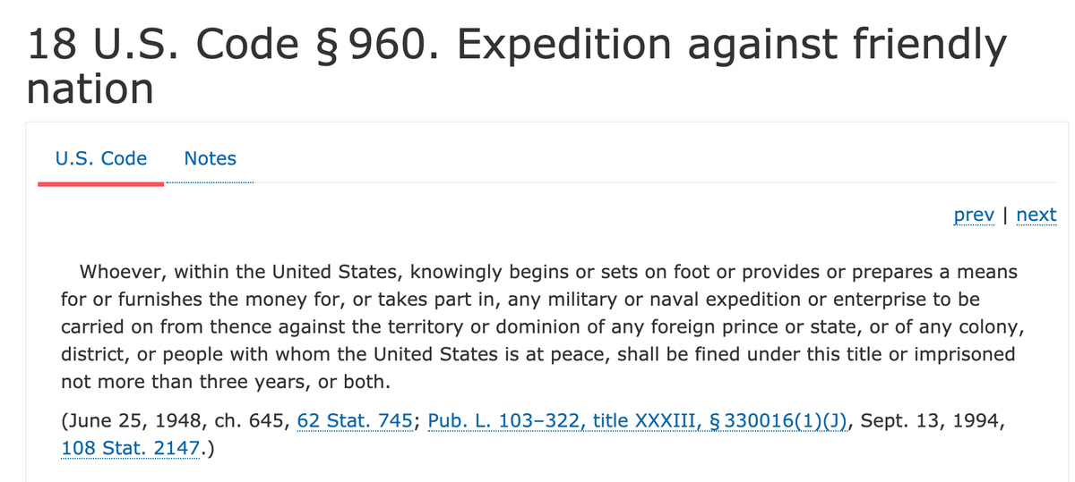 The second charge in Burr was a violation of the Neutrality Act. Following George Washington's advice not to get embroiled in foreign wars, Congress passed the Neutrality Act of 1794 making it a crime for people to do that. It's still around today at 18 USC § 960.