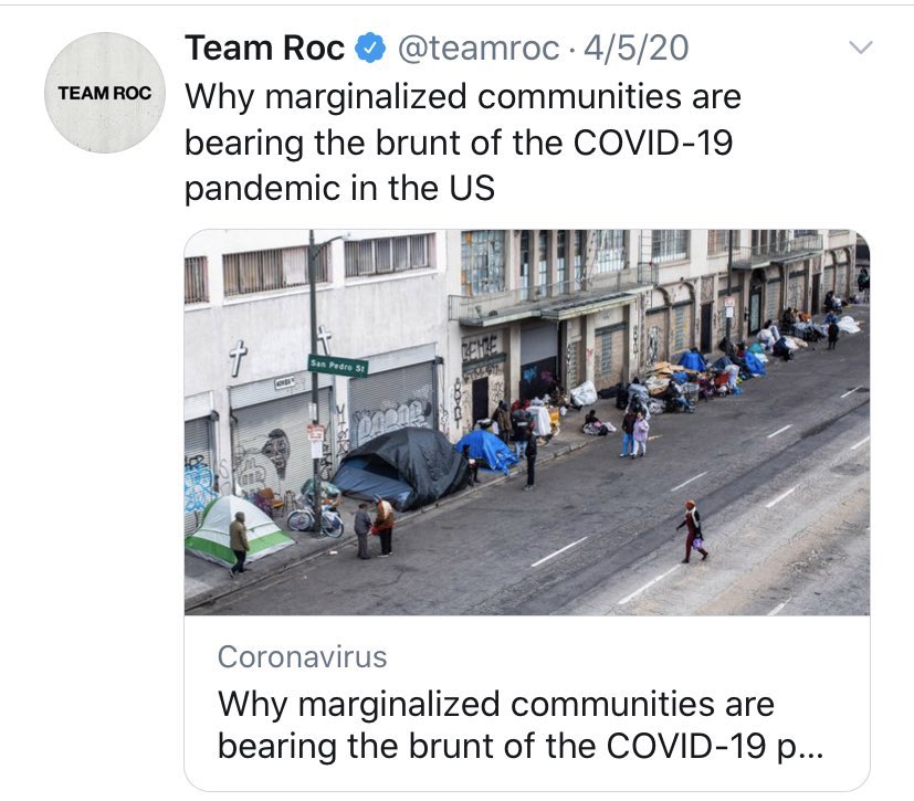 At the same time, Jay-Z’s Roc Nation tweeted out encouragement to New Yorkers to “stay home” and “flatten the curve” and recognized “marginalized communities are bearing the brunt of  #Covid_19.”
