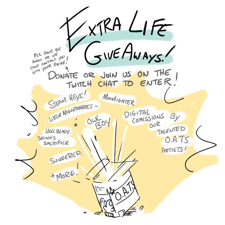 NOT ONLY do we have a great roster for extra life this weekend, but we are doing some GREAT prize draws for people who donate and come to support the streamers !

cant do either? it ok! u can retweet this post and be entered for a chibi commission drawing from @little_digits !
