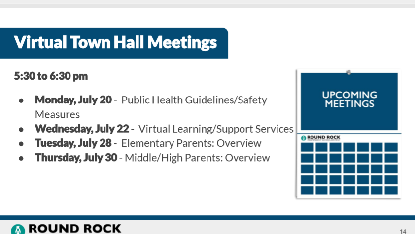 vessacory's tweet photo. RRISD Community: Please put these dates on your calendars to join the Virtual Town Hall meetings regarding school reopening in August. https://t.co/XsgjkgEiws