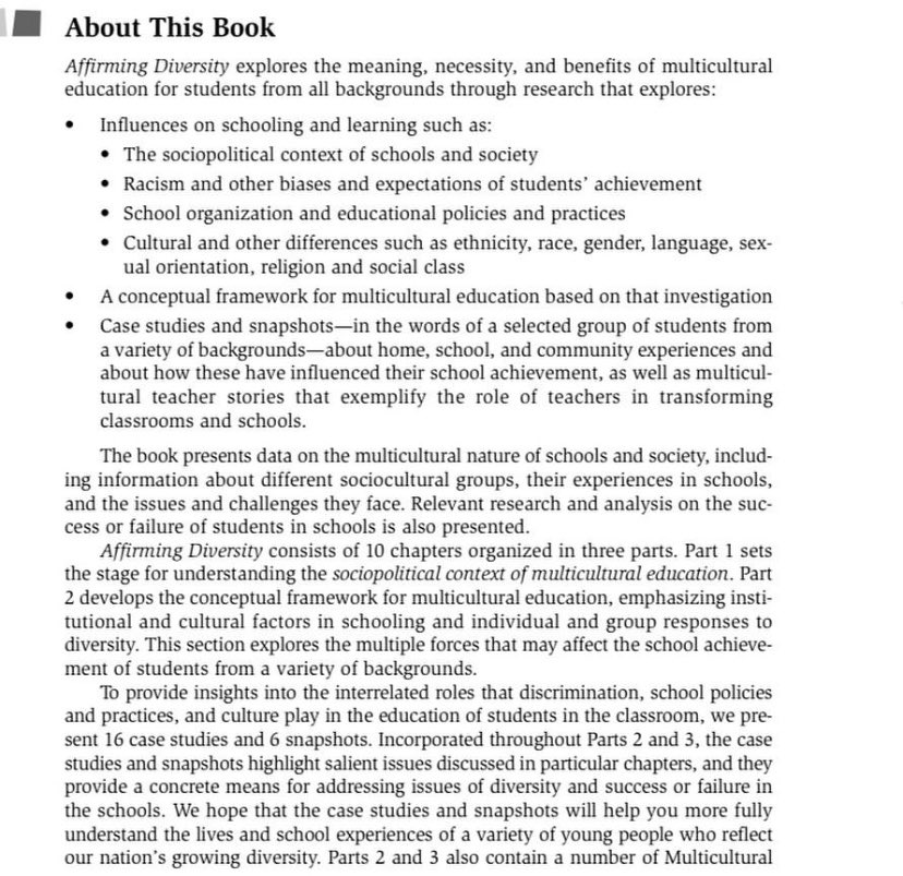 nsmusd's tweet photo. Multicultural education is an educational strategy that assists educators when responding to the MANY demographics of their students...which keeps changing! In Sonia Nieto and Patty Bode’s book “Affirming Diversity,” exploring the meaning &amp; importance of multicultural education. https://t.co/MLGV4T7Hle