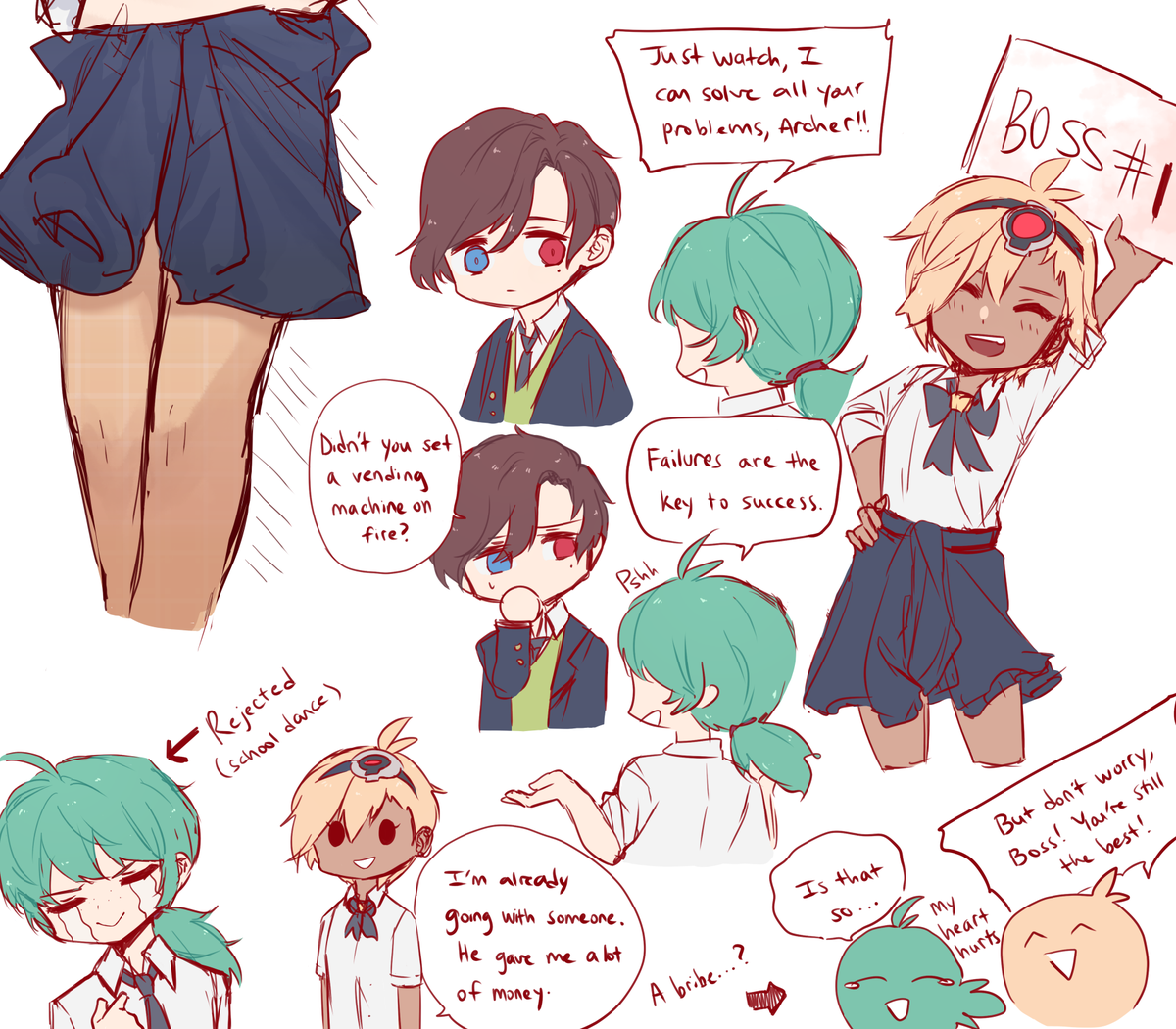 Ms2 school au doodles with close ups of the mini comic thingies (let's see if Twitter kills my resolution on these pics) 