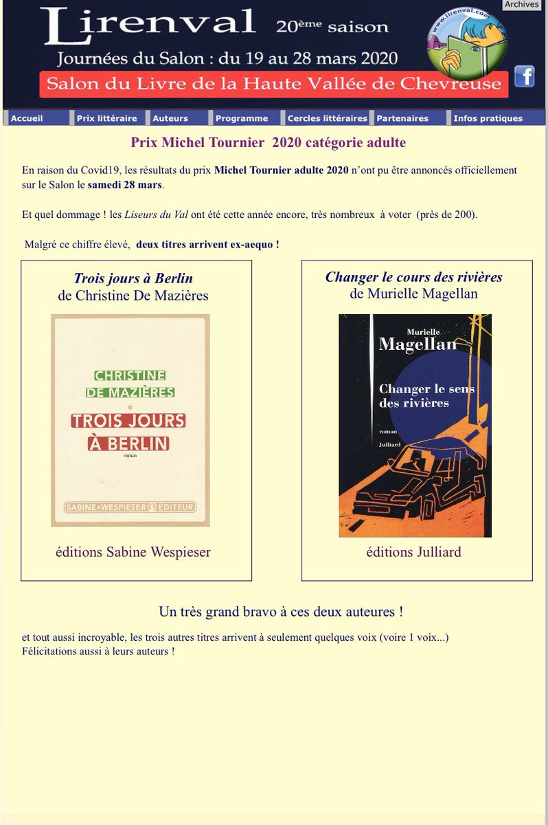 Chouette. Mon roman Changer Le Sens des Rivières reçoit le Prix Michel Tournier - ex-æquo avec Trois Jours A Berlin de Christine de Mazieres. Merci au jury de lecteurs. 🙏☀️
#lirenval #prixmicheltournier #prixcorona @Ed_Julliard @VSpringora <a href="/bettymialet/">betty mialet</a> <a href="/Pocket_Editions/">Pocket</a>