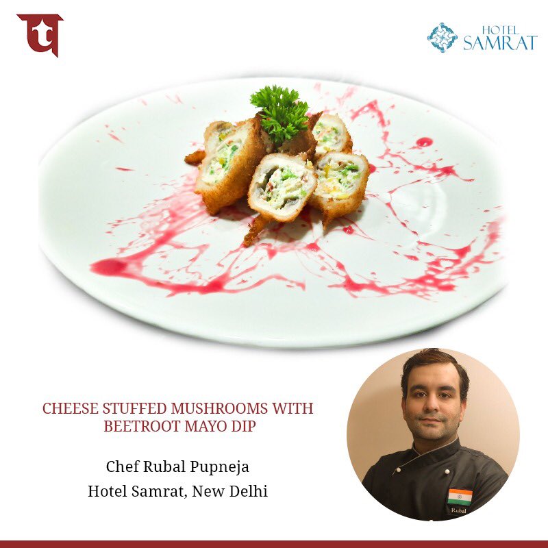 itdc_theashok's tweet photo. A perfect 'Monsoon delight' by our Chef from #HotelSamrat, Mushrooms stuffed with tangy cheese filling, deep fried to perfection to have that crunchiness served with a subtle Beetroot Mayo Dip. #ITDC #ChefRecipe #MonsoonDelight #StaySafe https://t.co/V6CiTferih