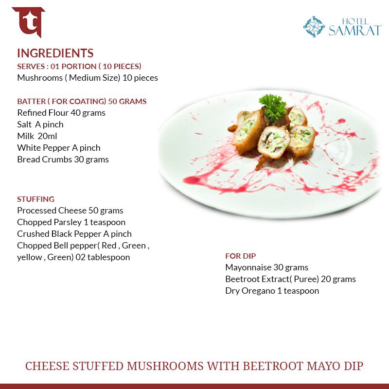 itdc_theashok's tweet photo. A perfect 'Monsoon delight' by our Chef from #HotelSamrat, Mushrooms stuffed with tangy cheese filling, deep fried to perfection to have that crunchiness served with a subtle Beetroot Mayo Dip. #ITDC #ChefRecipe #MonsoonDelight #StaySafe https://t.co/V6CiTferih